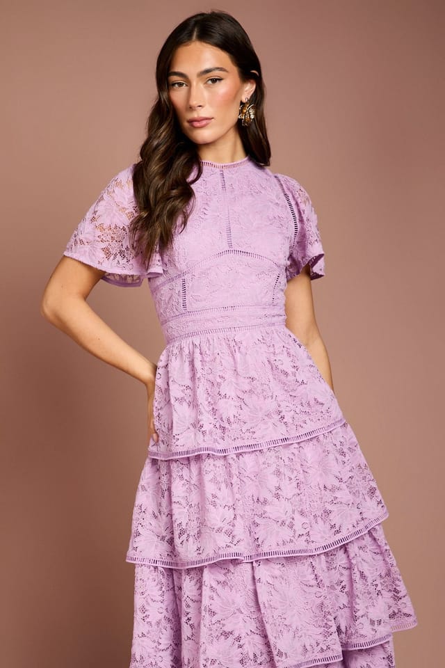 Coast Coast Women's Tiered Lace Dress With Flutter Sleeve & Trims in Lilac - 2