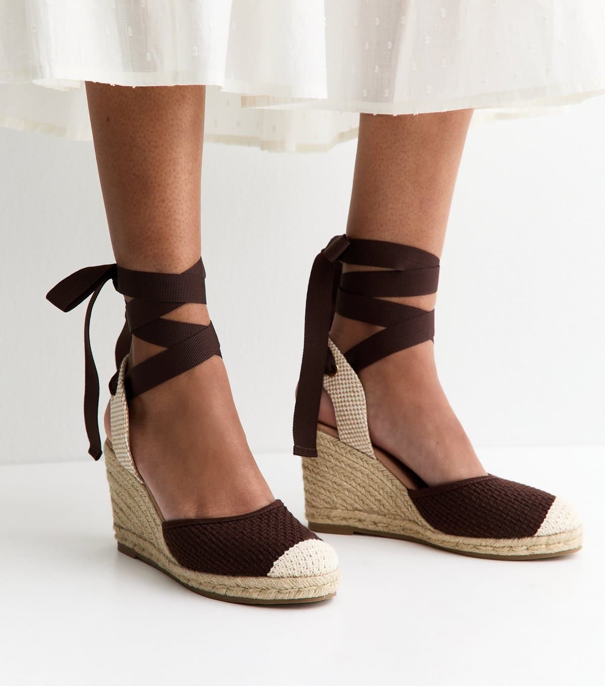 New Look Women's Brown Woven Ankle Tie Wedge Espadrilles Vegan New Look