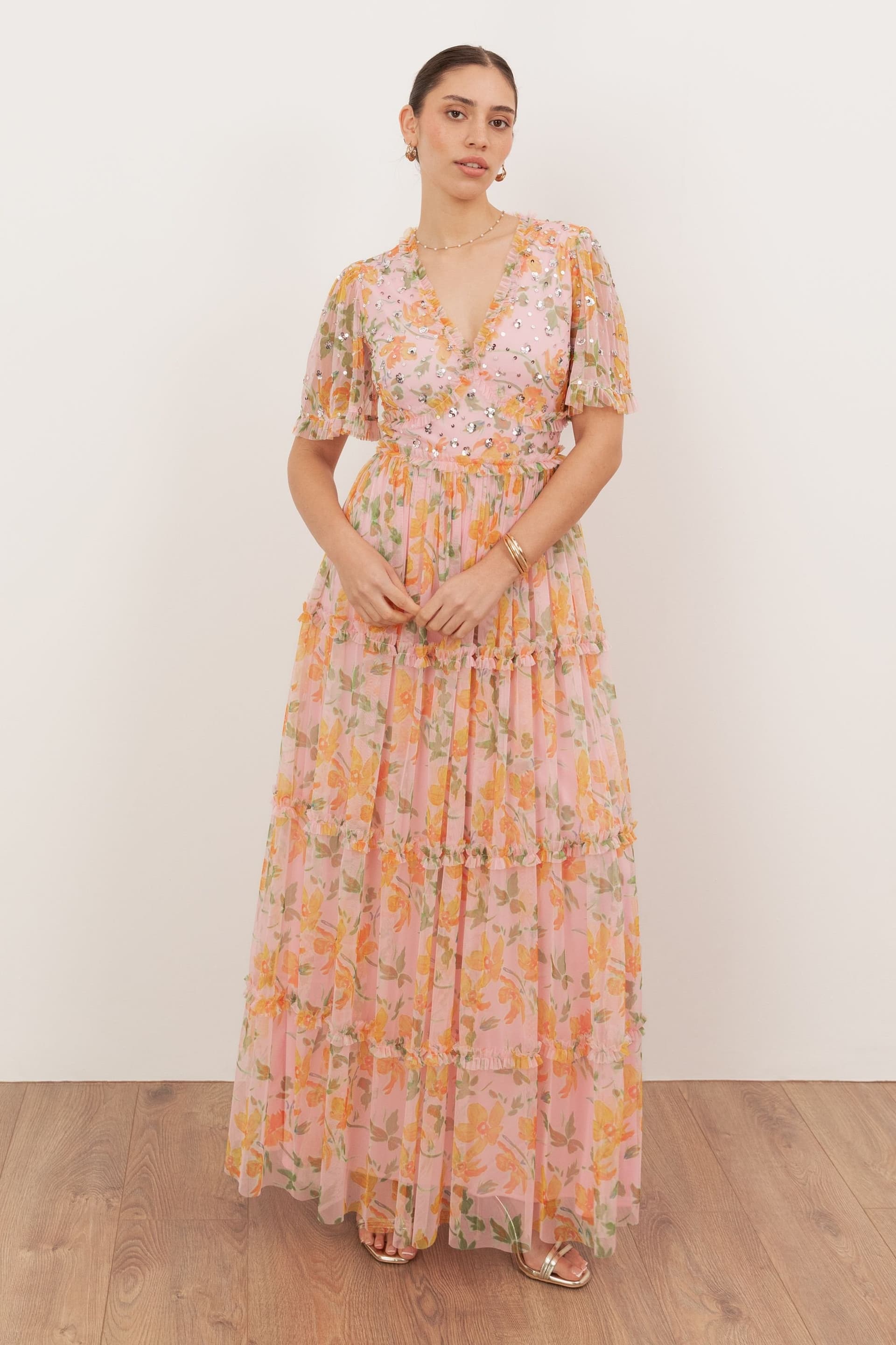 anaya with love Anaya with Love Women's Floral V Neck Sequin Maxi Dress in Pink