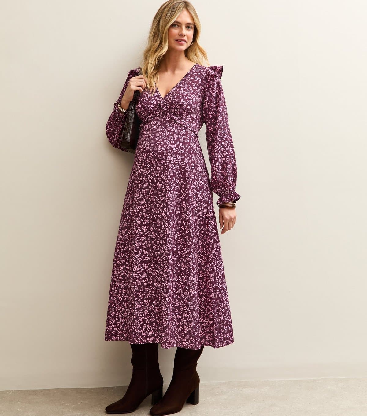 New Look Women's Maternity Purple Ditsy Frill Shoulder Midi Dress New Look