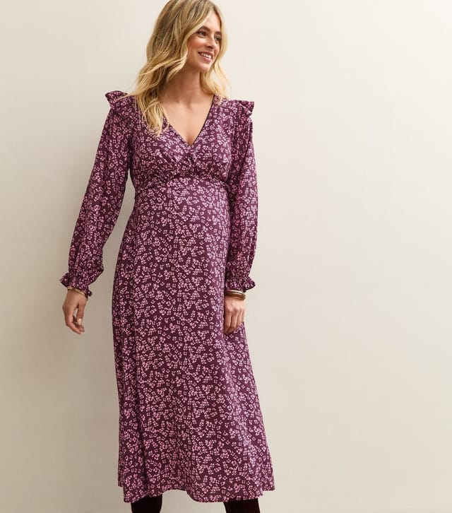 New Look Women's Maternity Purple Ditsy Frill Shoulder Midi Dress New Look - 3