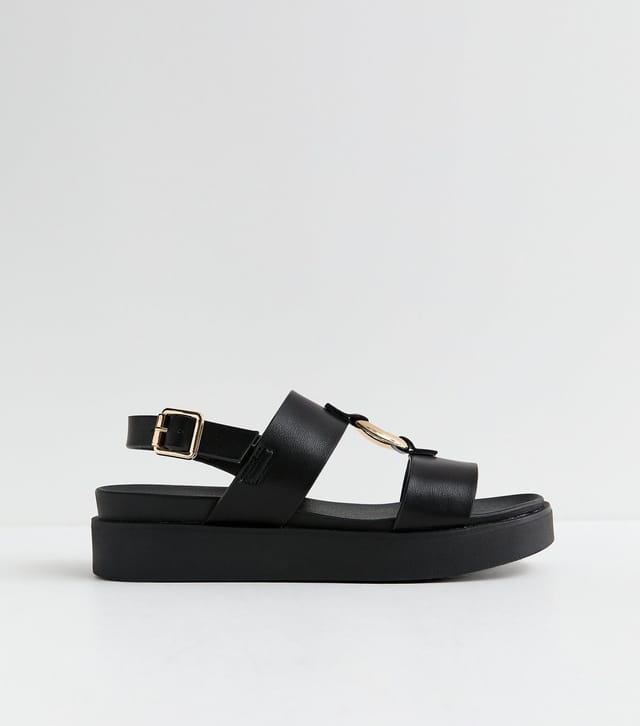 New Look Women's Black Faux Leather Hardware Detail Flatform Sandals Vegan New Look - 2