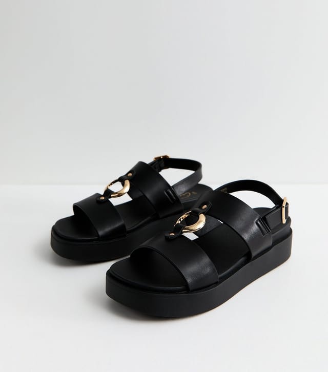 New Look Women's Black Faux Leather Hardware Detail Flatform Sandals Vegan New Look - 3