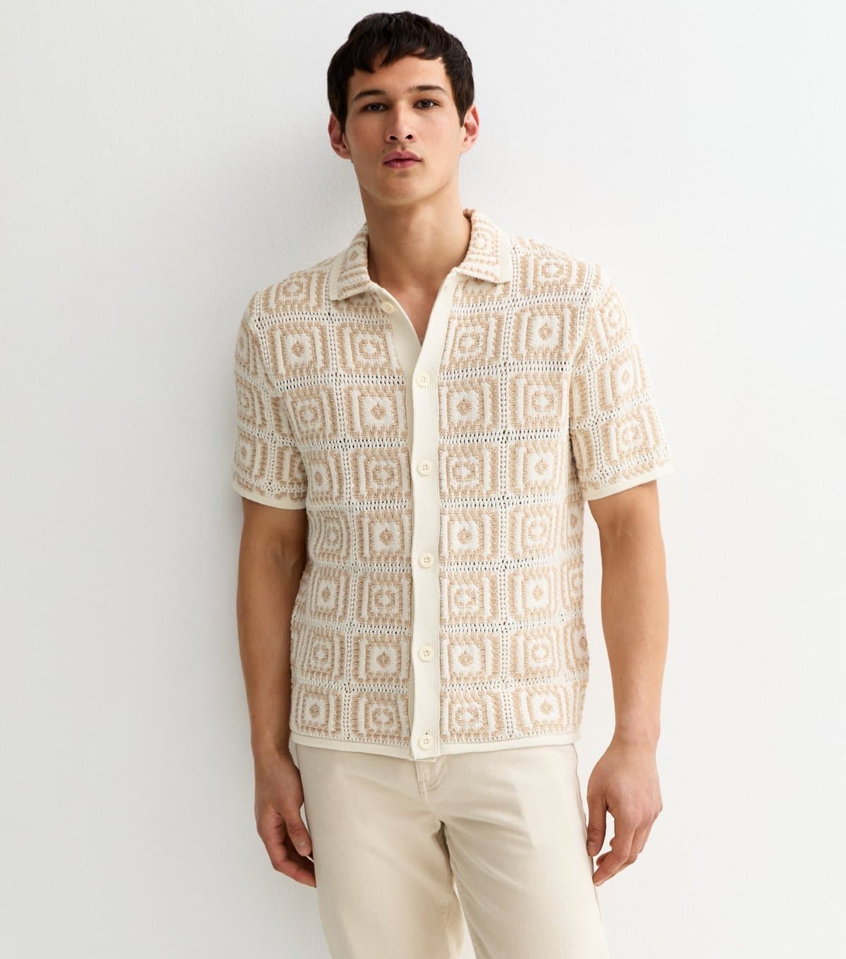 Only and Sons Men's Oatmeal Crochet Knit Relaxed Shirt Only and Sons New Look