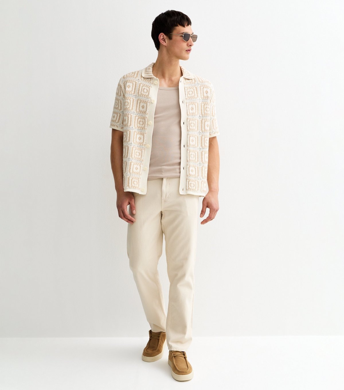 Only and Sons Men's Oatmeal Crochet Knit Relaxed Shirt Only and Sons New Look - 2