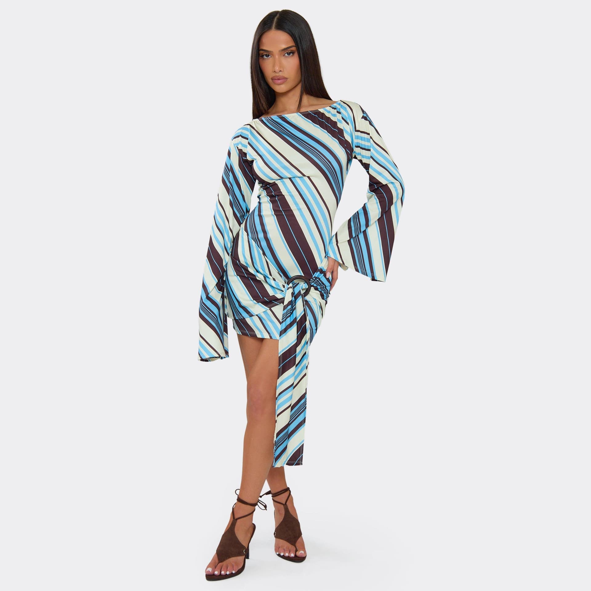 EGO Long Flared Sleeve Trim Detail Draped Front Mini Dress In Blue Stripe, Women's Size UK 6