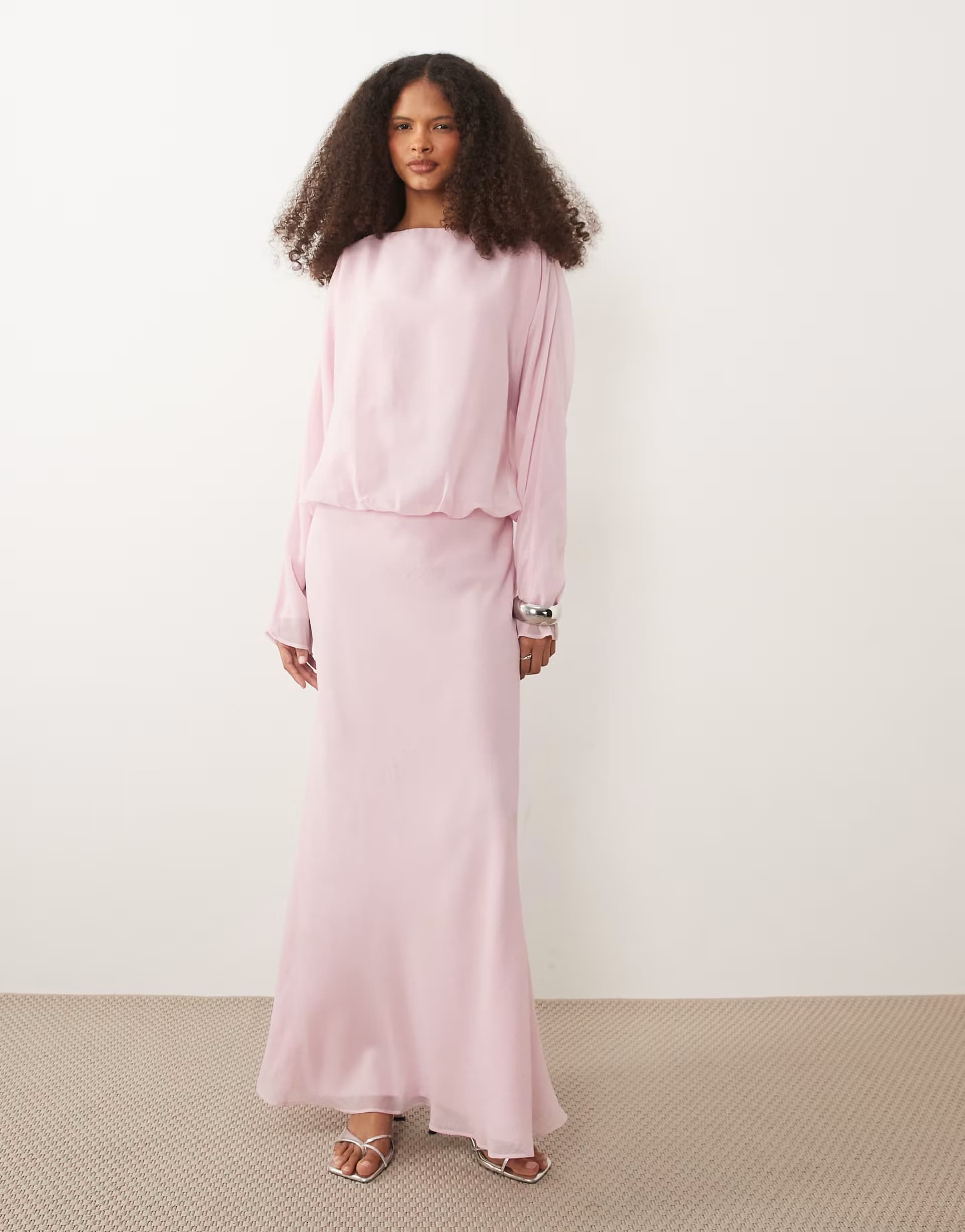ASOS ASOS DESIGN slash neck long sleeve maxi dress in soft pink