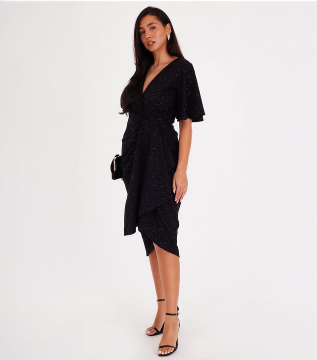 Quiz Women's Black Flitter Wrap Ruched Midi Dress Quiz New Look - 2