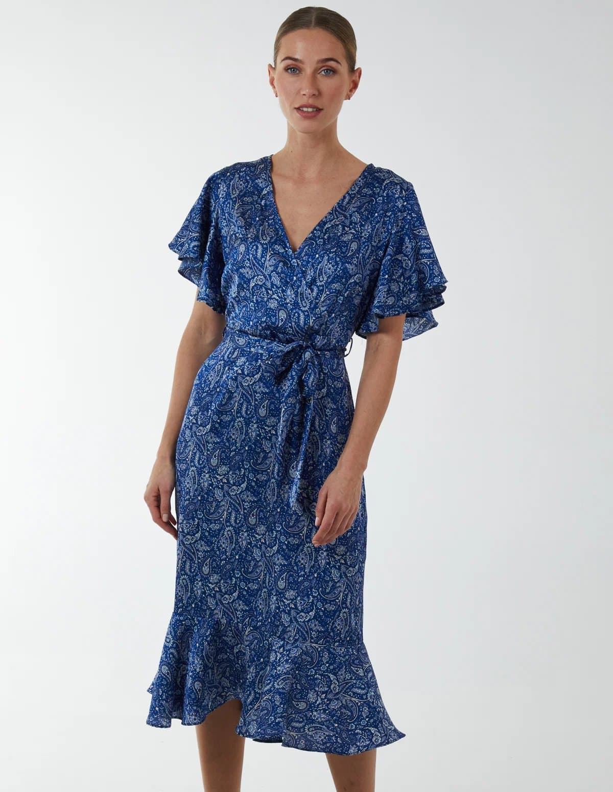 Blue Vanilla Paisley Wrap Ruffle Tiered Midi Dress