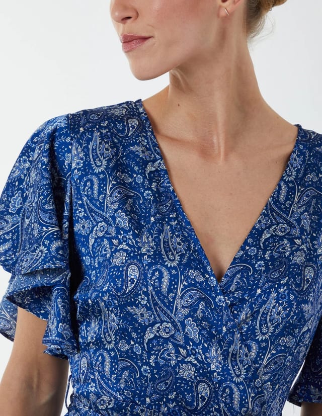 Blue Vanilla Paisley Wrap Ruffle Tiered Midi Dress - 2