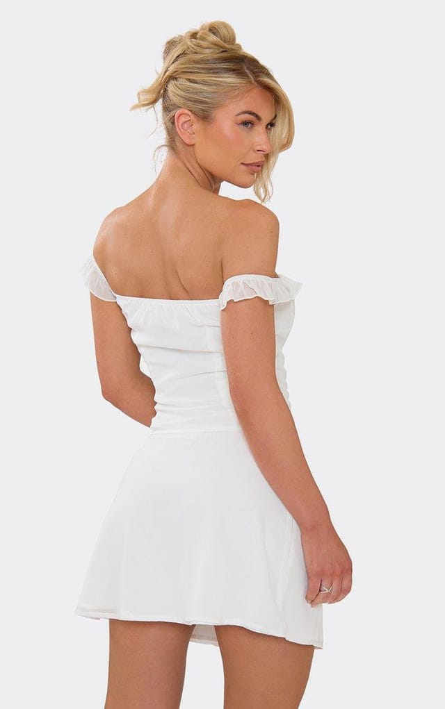EGO Bardot Frill Trim Bow Detail Corset Top In White Chiffon, Women's Size UK 6 - 2