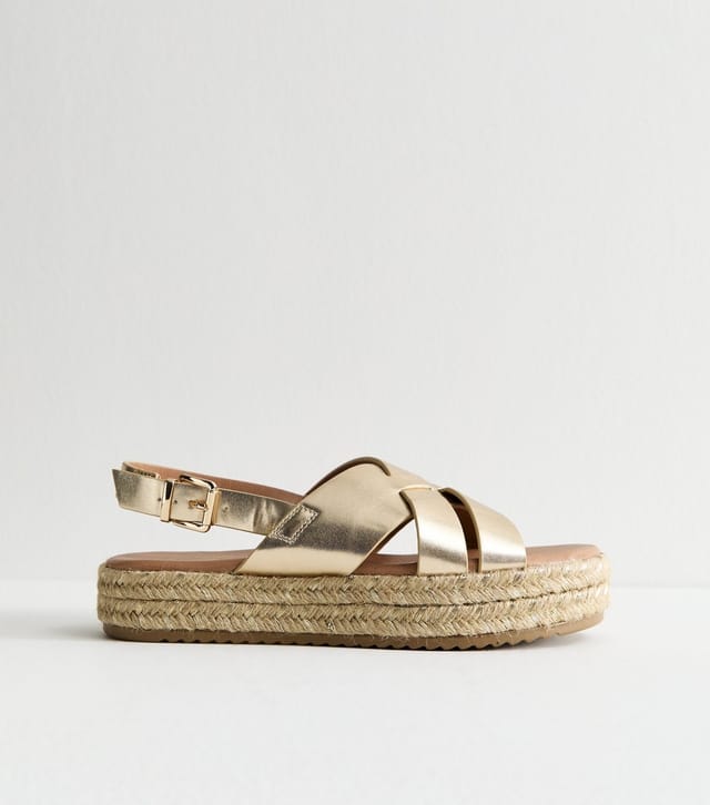 New Look Women's Wide Fit Gold Faux Leather Crossover Strap Platform Sandals Vegan New Look - 3