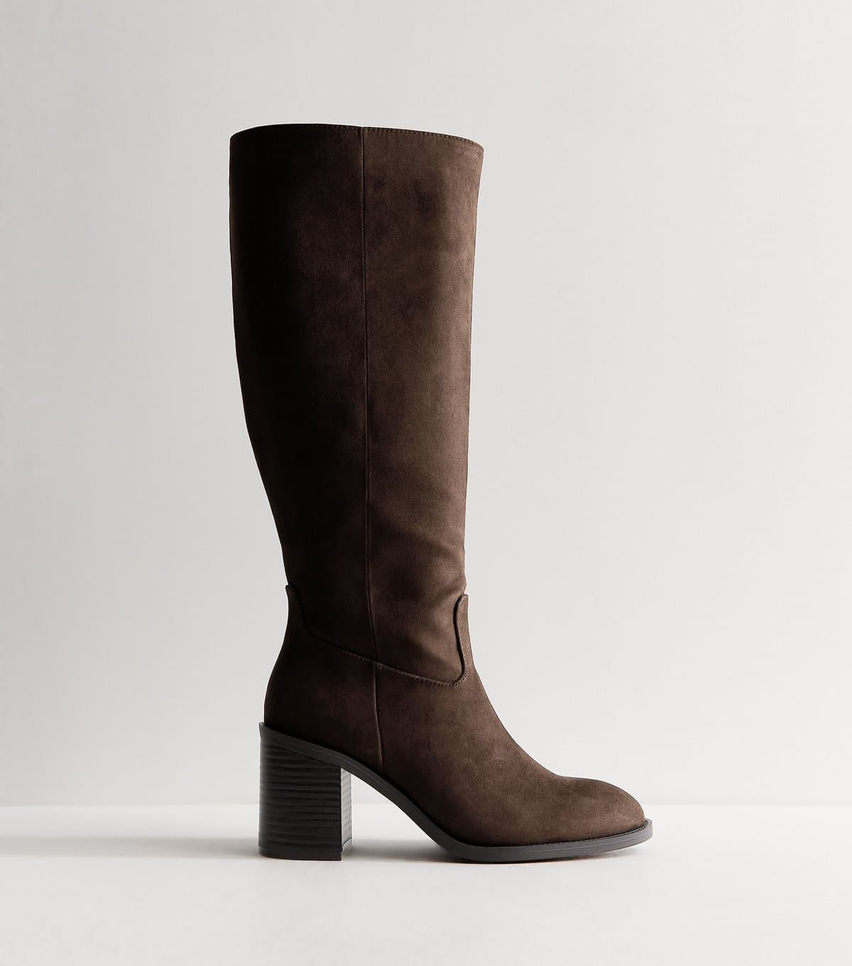 New Look Women's Dark Brown Faux Suede Block Heel Boots Vegan New Look