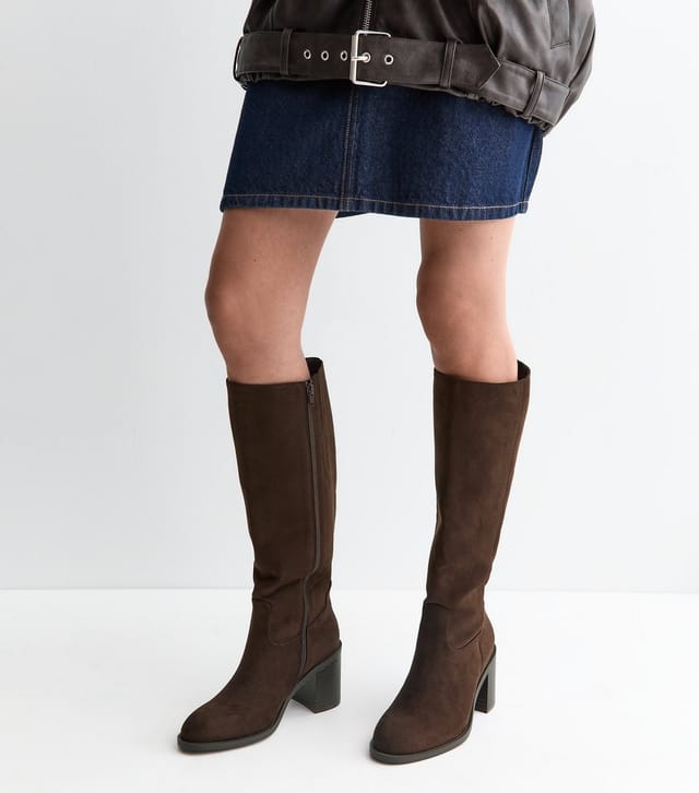 New Look Women's Dark Brown Faux Suede Block Heel Boots Vegan New Look - 2