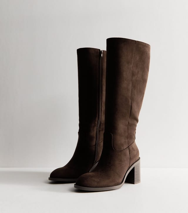New Look Women's Dark Brown Faux Suede Block Heel Boots Vegan New Look - 3