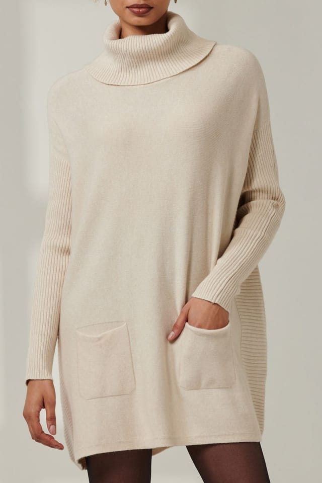 Jolie Moi Jolie Moi Women's Roll Neck Pocket Front Knit Jumper in Beige - 3