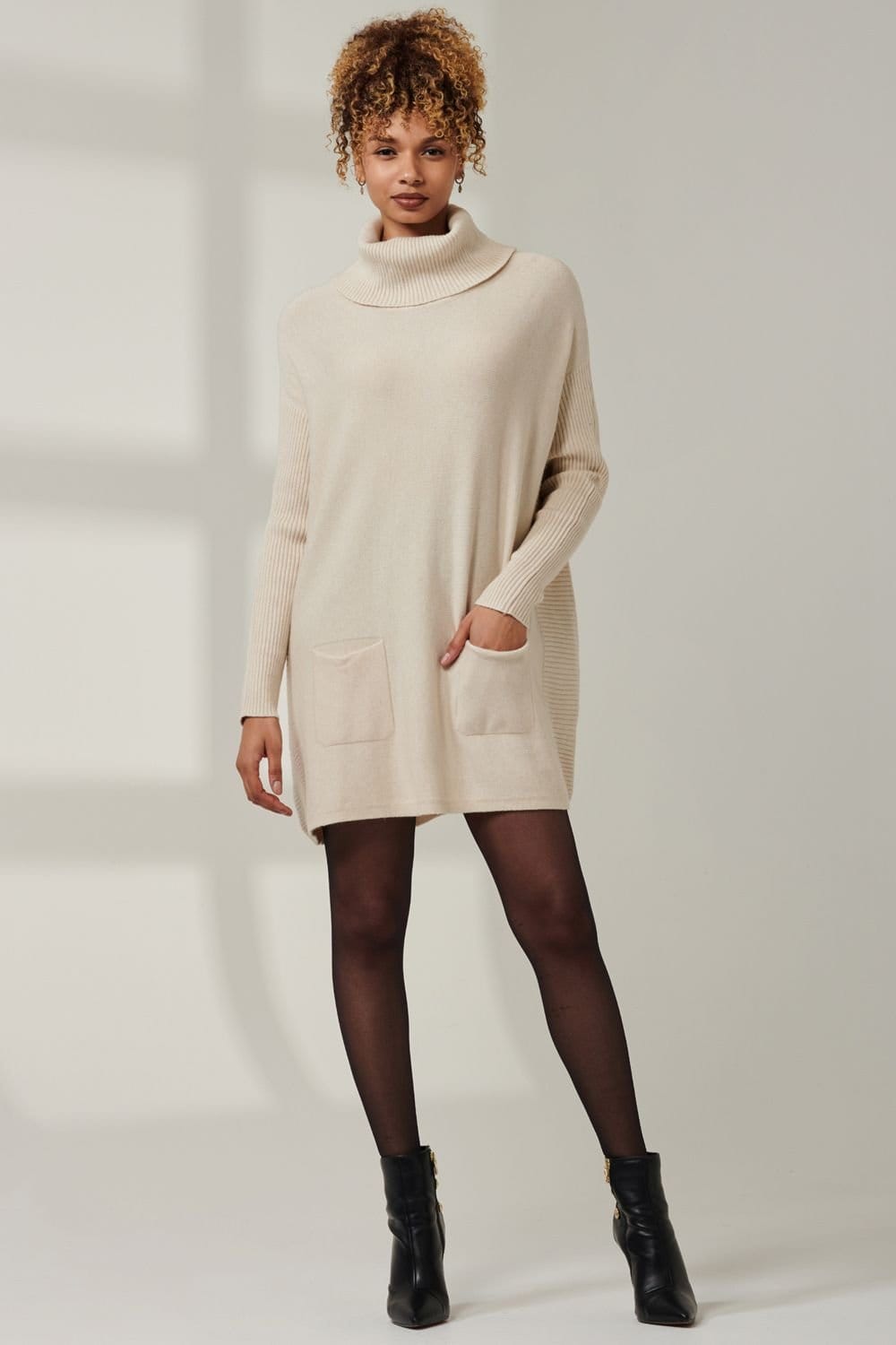 Jolie Moi Jolie Moi Women's Roll Neck Pocket Front Knit Jumper in Beige - 4