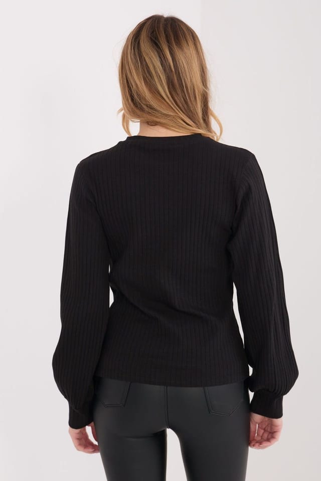 Love Lace Love Lace Women's Embroidered Wide Stripe Casual Blouse with Puff Sleeves in Black - 3