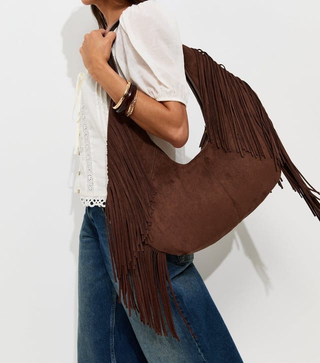 New Look Dark Brown Faux Suede Fringed Slouchy Shoulder Bag New Look - 2