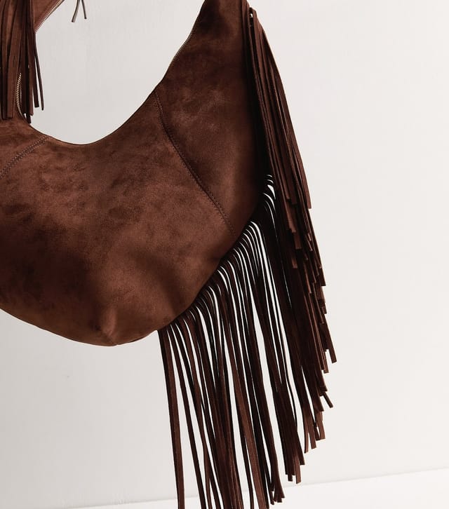 New Look Dark Brown Faux Suede Fringed Slouchy Shoulder Bag New Look - 3