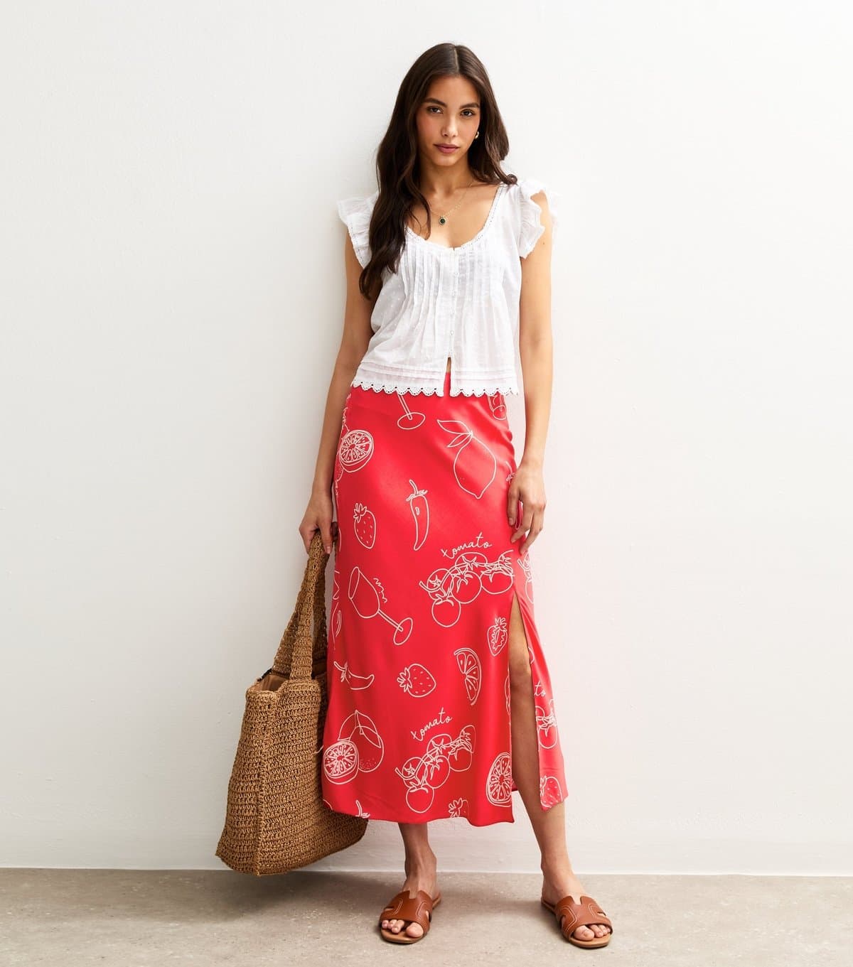 New Look Women's Red Fruit and Vegetable Print Bias Cut Midi Skirt New Look