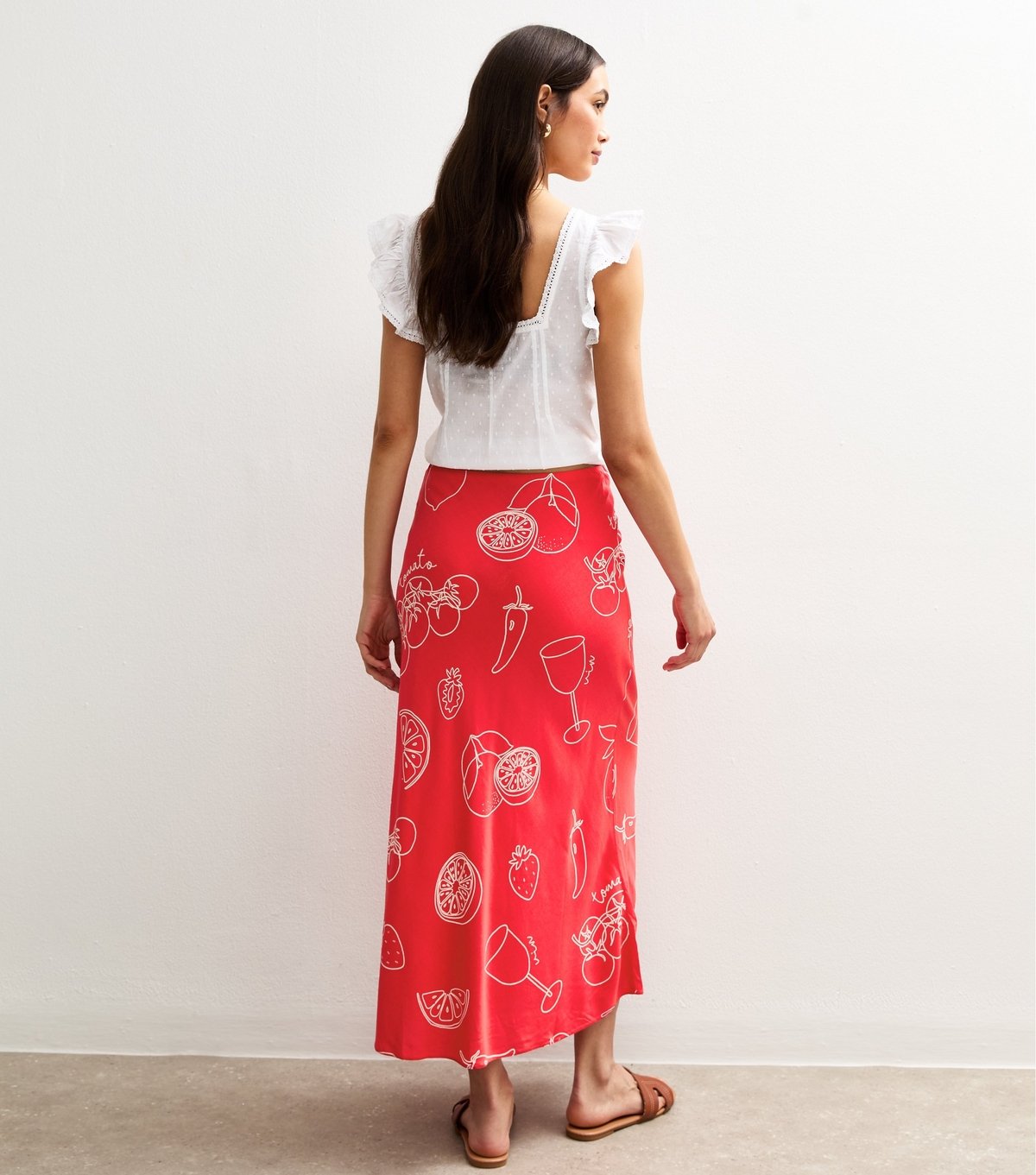 New Look Women's Red Fruit and Vegetable Print Bias Cut Midi Skirt New Look - 4
