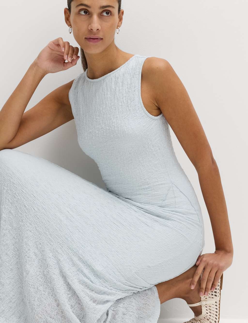 Marks & Spencer M&S Cotton Rich Textured Midaxi Column Dress Blue - 2