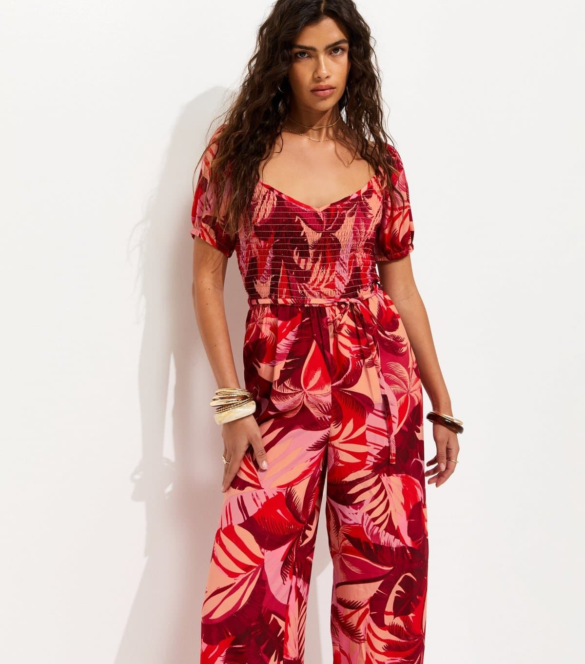 New Look Women's Red Crepe Tropical Shirred Jumpsuit New Look