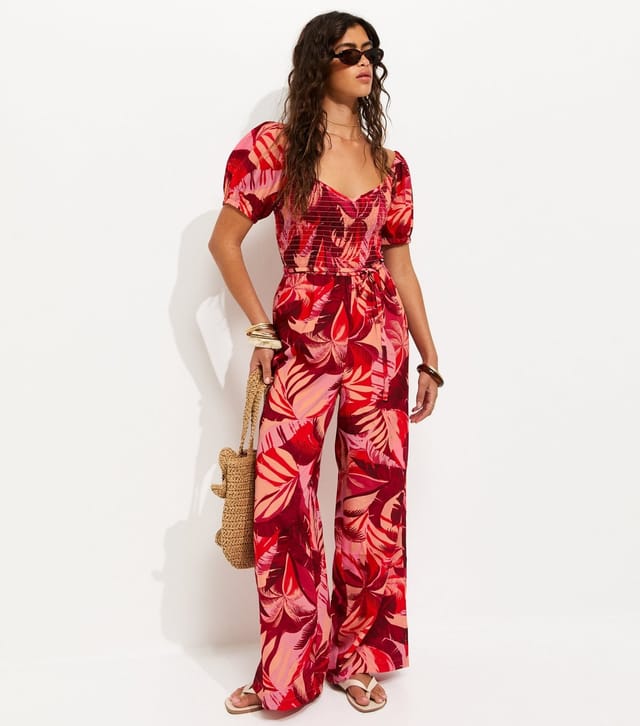 New Look Women's Red Crepe Tropical Shirred Jumpsuit New Look - 3