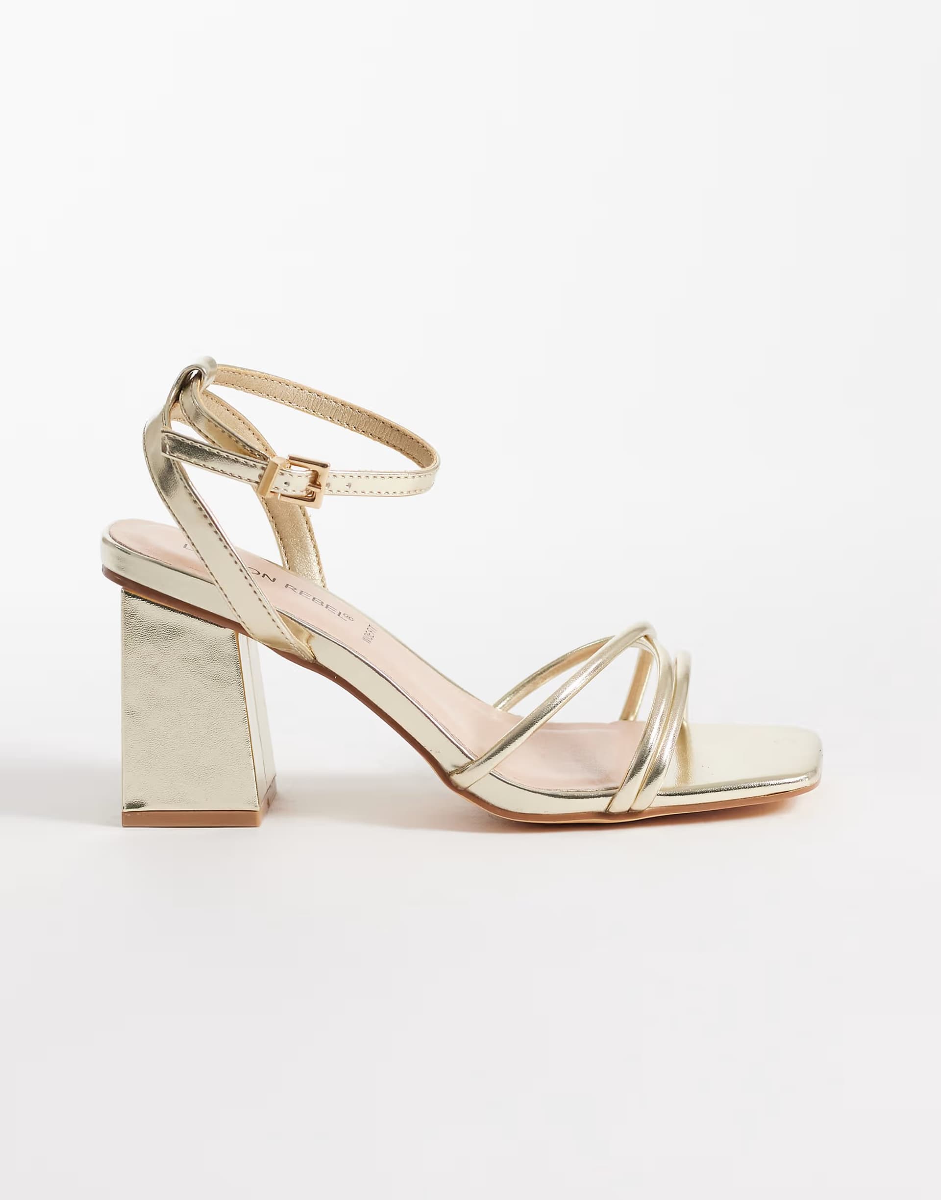 ASOS London Rebel Ash strappy mid block heeled sandals in gold