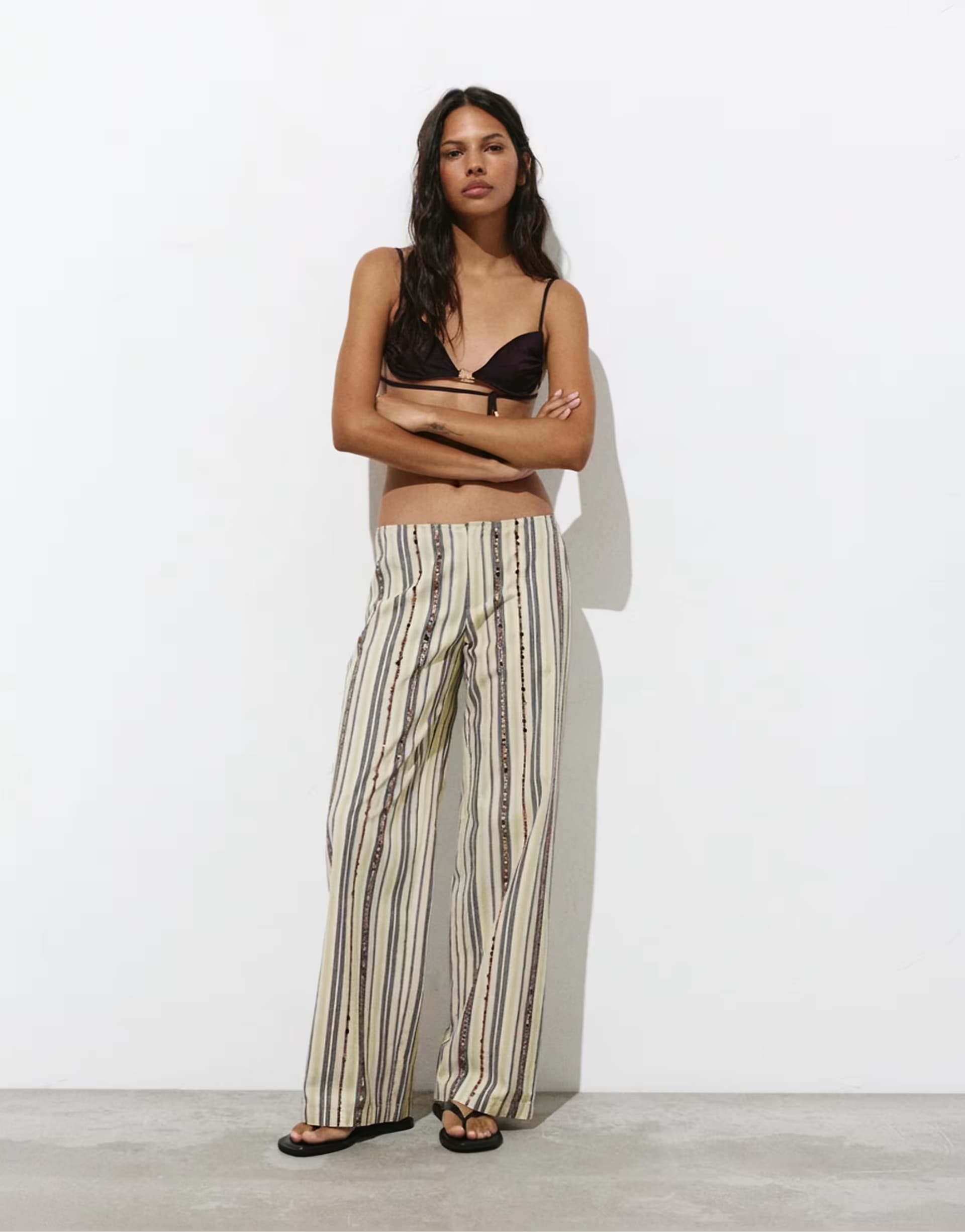 ASOS Pull&Bear Wide-leg sequin stripe trousers in brown