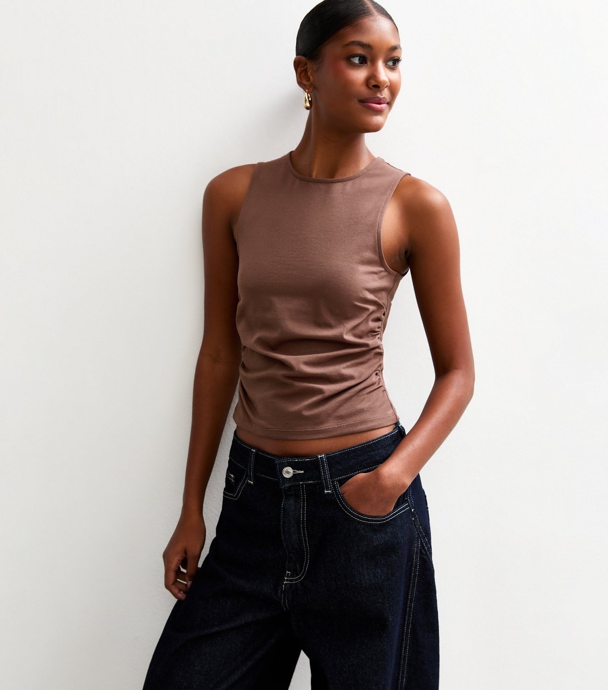 New Look Women's Dark Brown Ruched Waist Sleeveless Tank Top New Look - 2