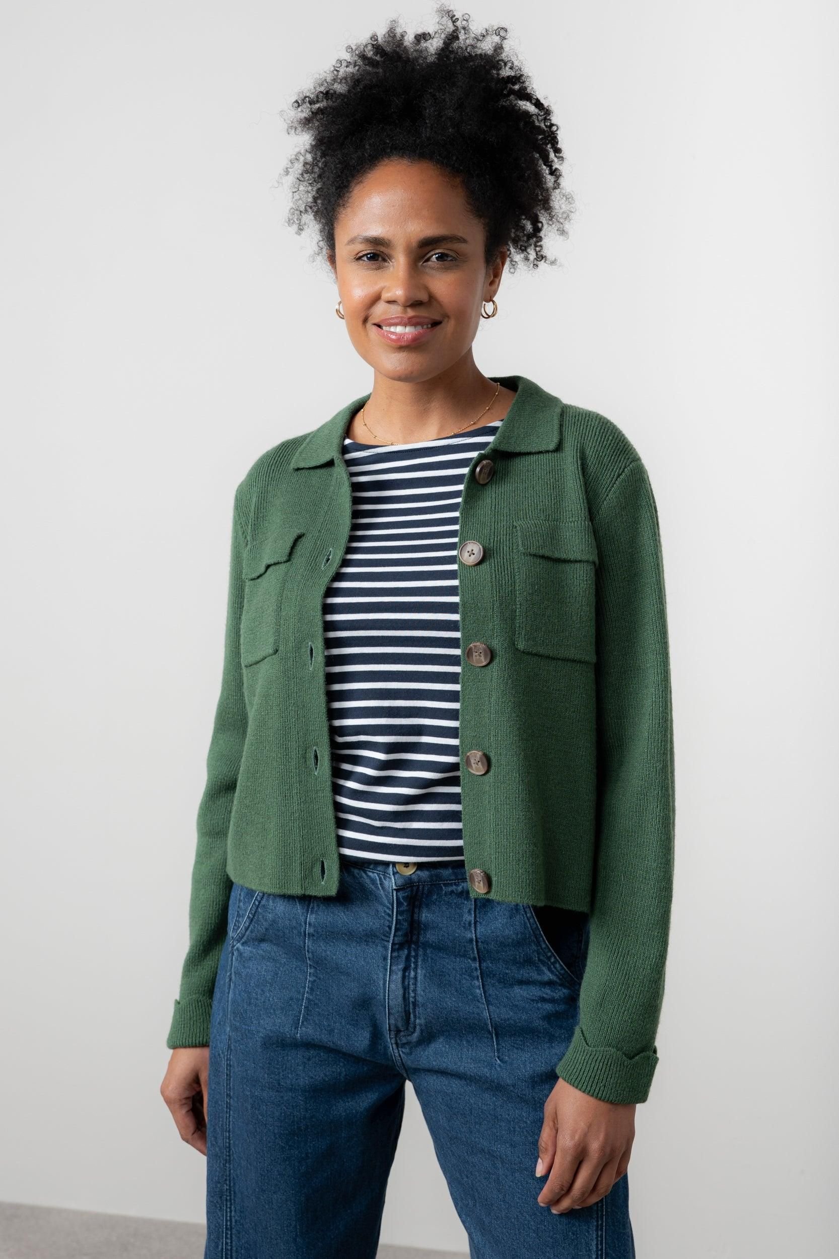 Lily & Me Lily & Me Women's Chestnut Chic Boxy Fit Knitted Jacket with Scalloped turn back cuffs in Dark Green - 2