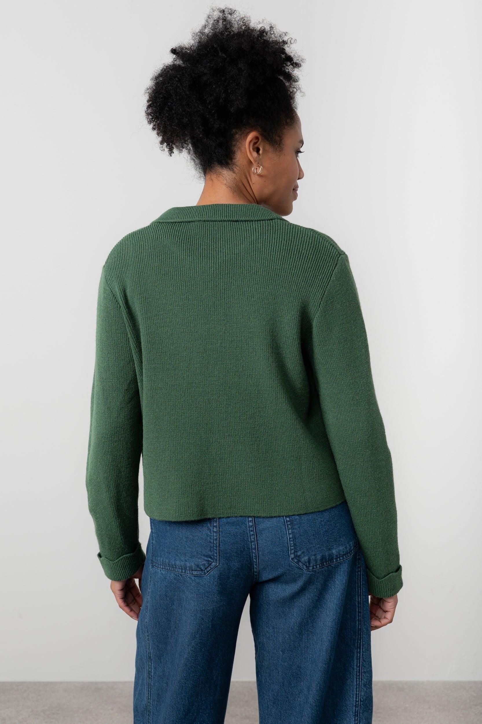 Lily & Me Lily & Me Women's Chestnut Chic Boxy Fit Knitted Jacket with Scalloped turn back cuffs in Dark Green - 4