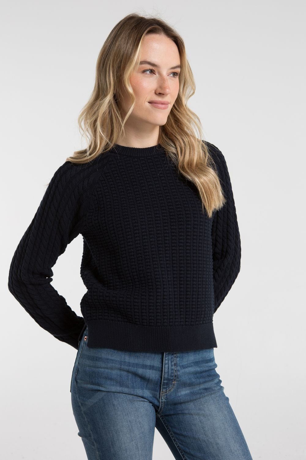 French Connection French Connection Women's Cotton Popcorn-Style Cable Knit Crew Neck Jumper in Navy - 2