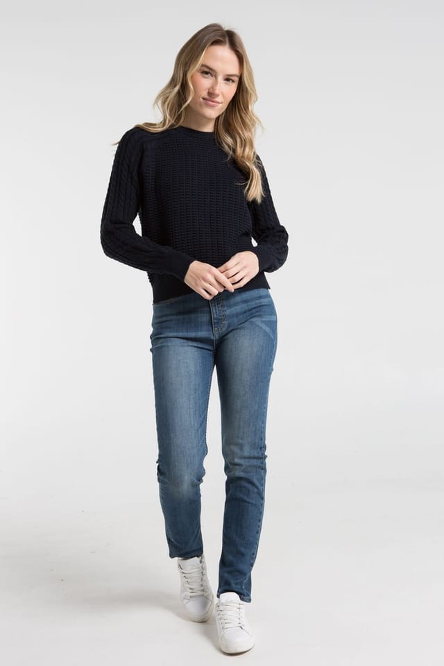French Connection French Connection Women's Cotton Popcorn-Style Cable Knit Crew Neck Jumper in Navy - 3