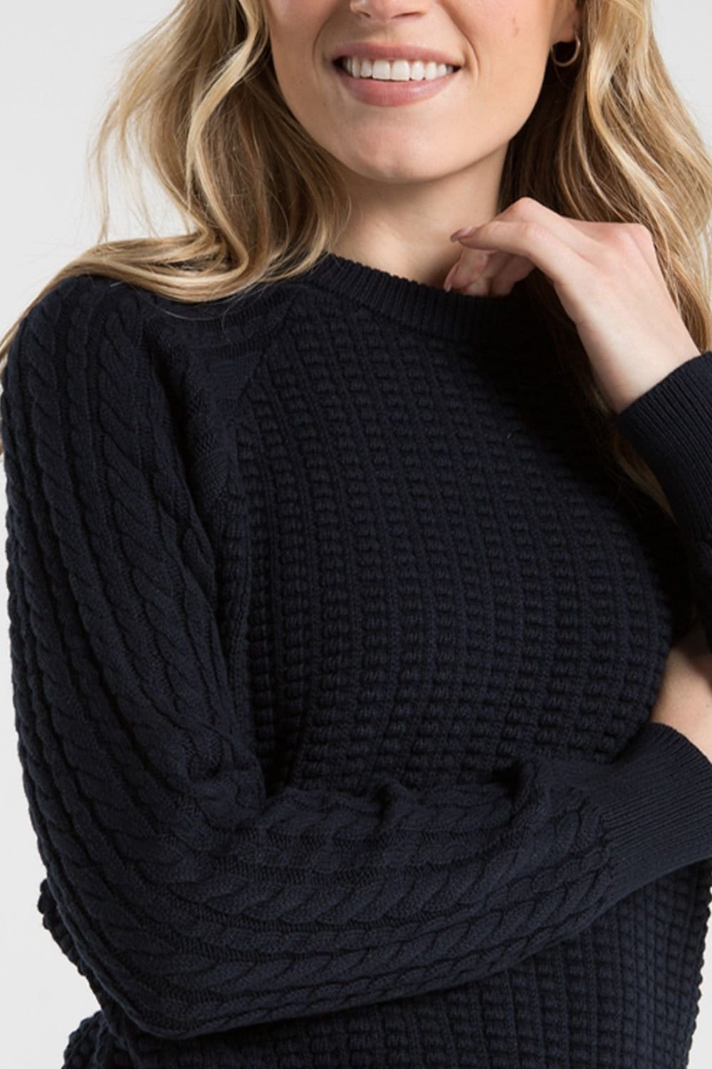 French Connection French Connection Women's Cotton Popcorn-Style Cable Knit Crew Neck Jumper in Navy - 4
