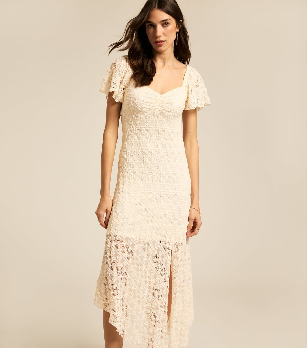 New Look Women's Cream Asymmetric Hem Lace Midi Dress New Look