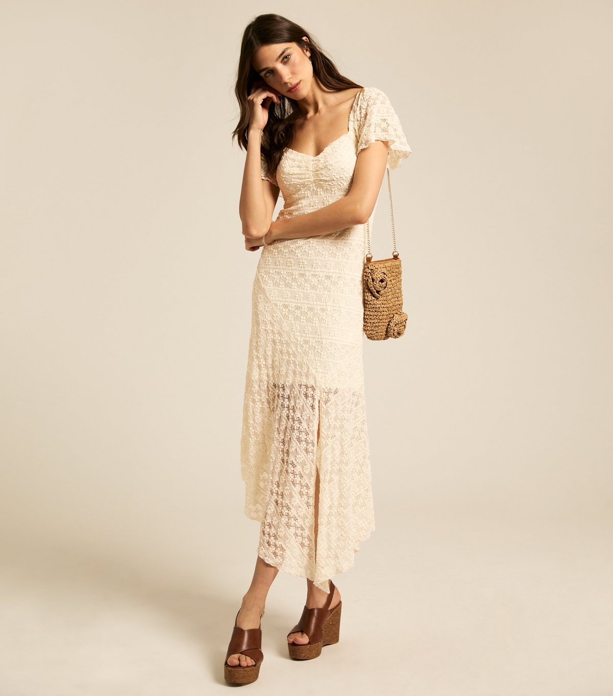 New Look Women's Cream Asymmetric Hem Lace Midi Dress New Look - 3
