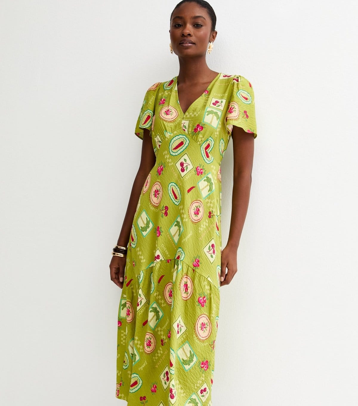 New Look Green Fruit Print Tiered Midi Tea Dress