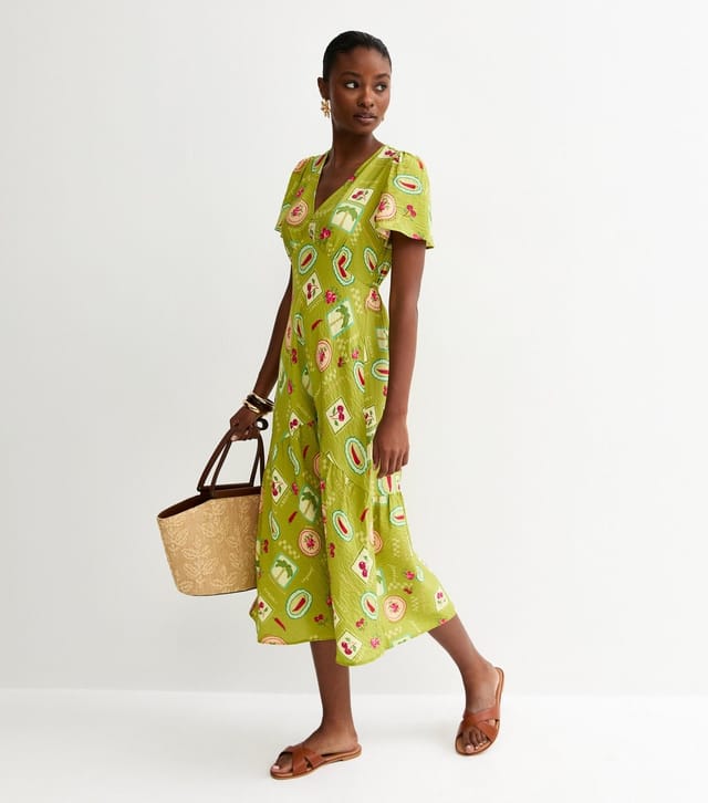New Look Women's Green Fruit Print Tiered Midi Tea Dress New Look - 2