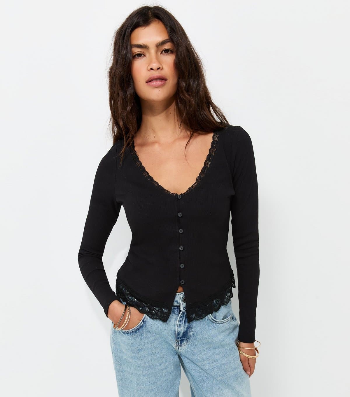 New Look Women's Black Cotton Rich Lace Trim V-Neck Button Front Top New Look