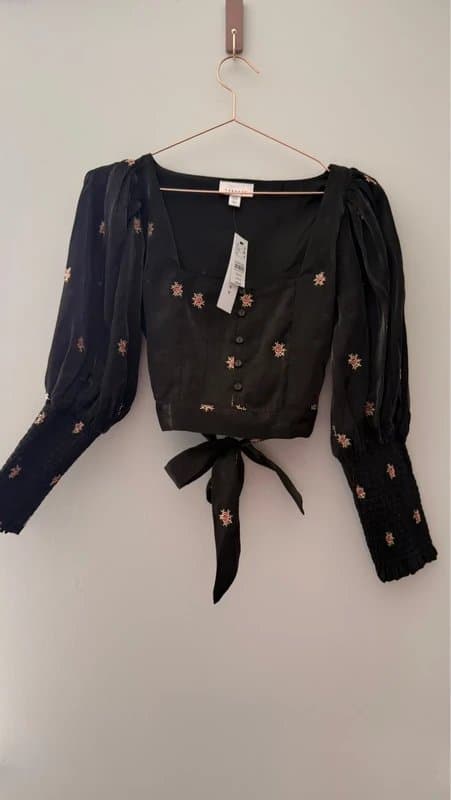 Topshop Topshop Black And Red Rose Embroidered Wrap Tie Waist Crop Top