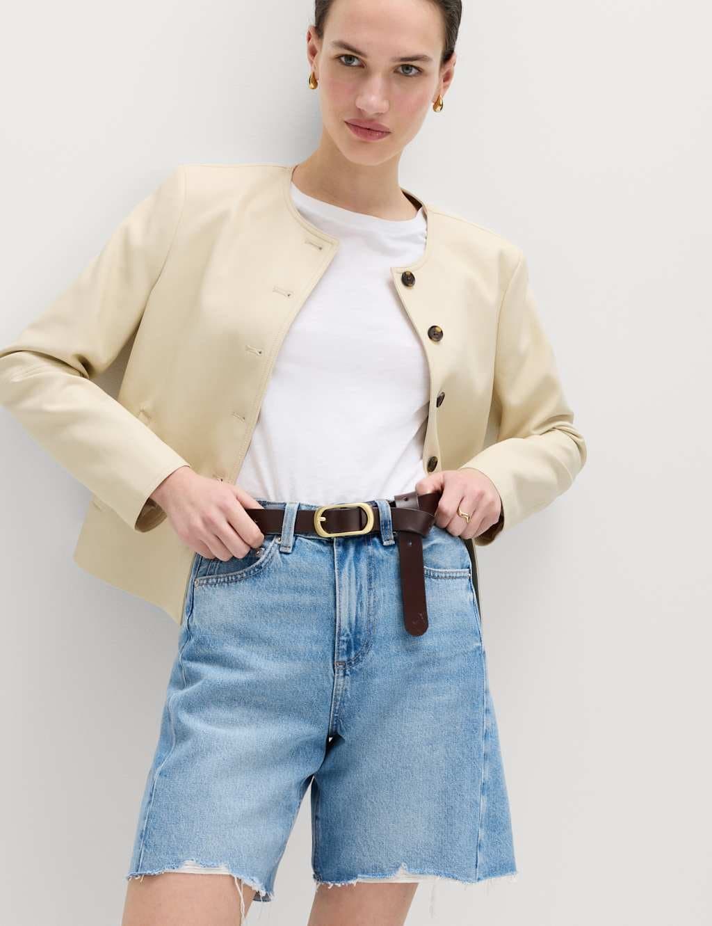 Marks & Spencer M&S Denim Barrel Raw Hem Mid Rise Shorts Light Indigo