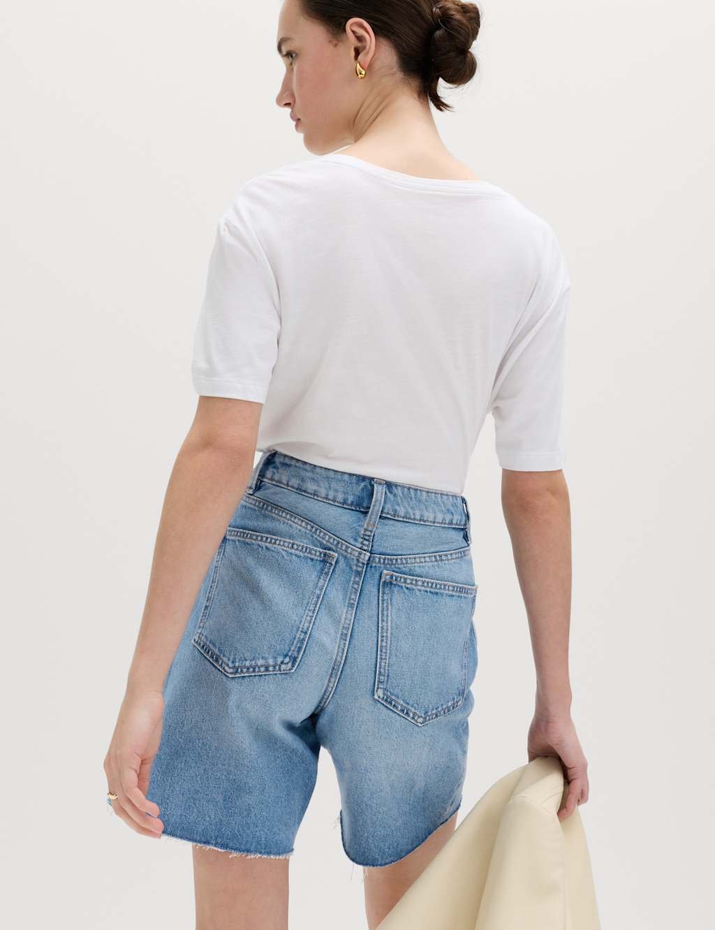 Marks & Spencer M&S Denim Barrel Raw Hem Mid Rise Shorts Light Indigo - 2