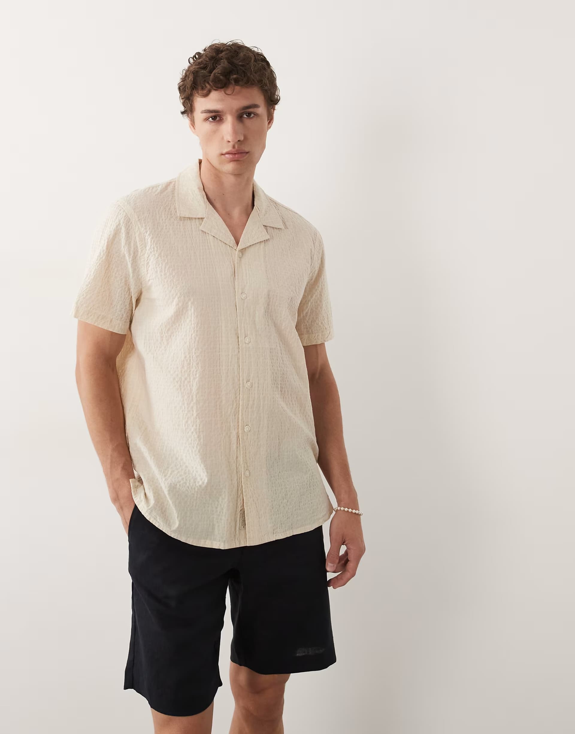 ASOS BLEND cotton-rich cuban lightweight check shirt in dusty beige