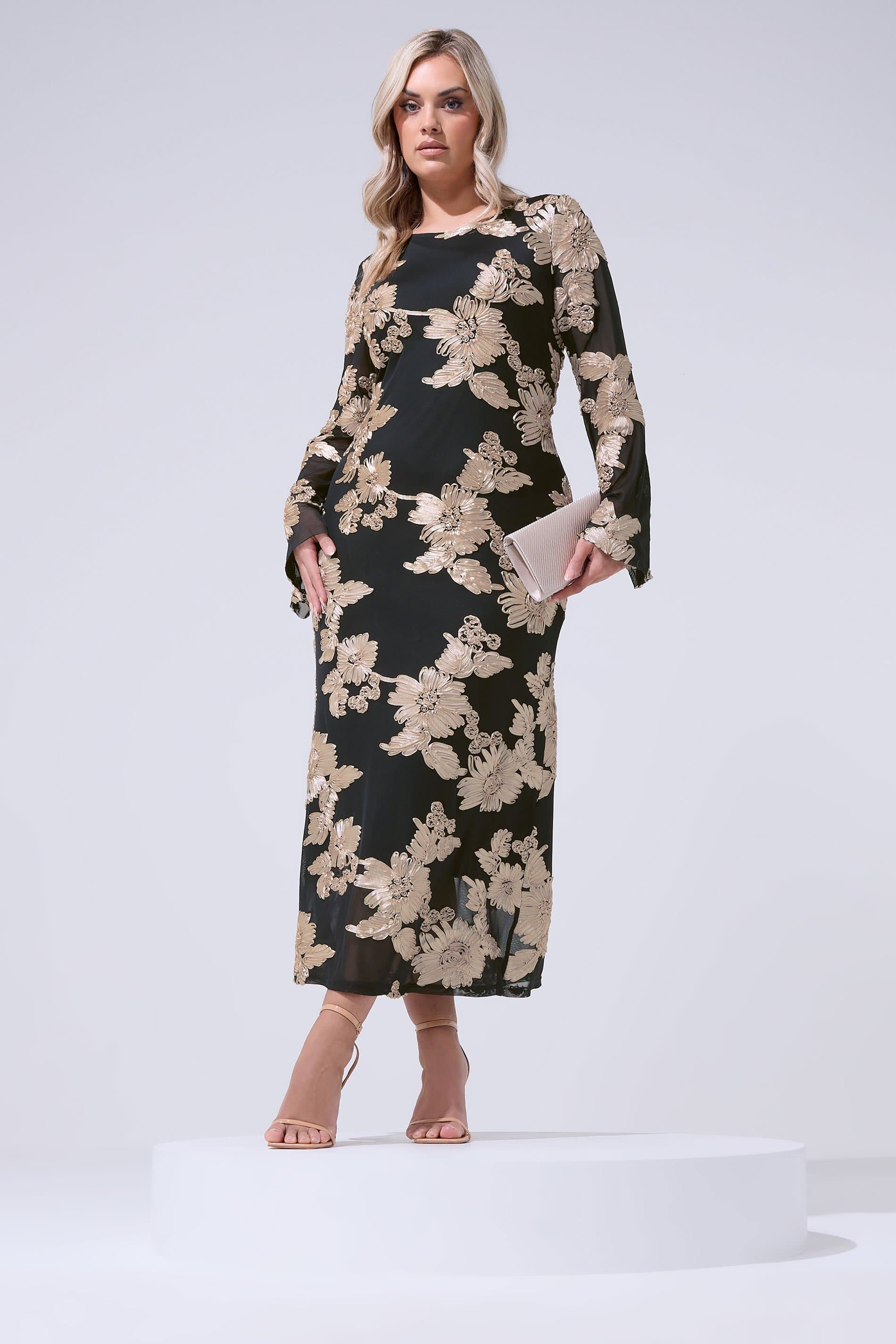 Yours London Plus Size Black Floral Applique Maxi Dress