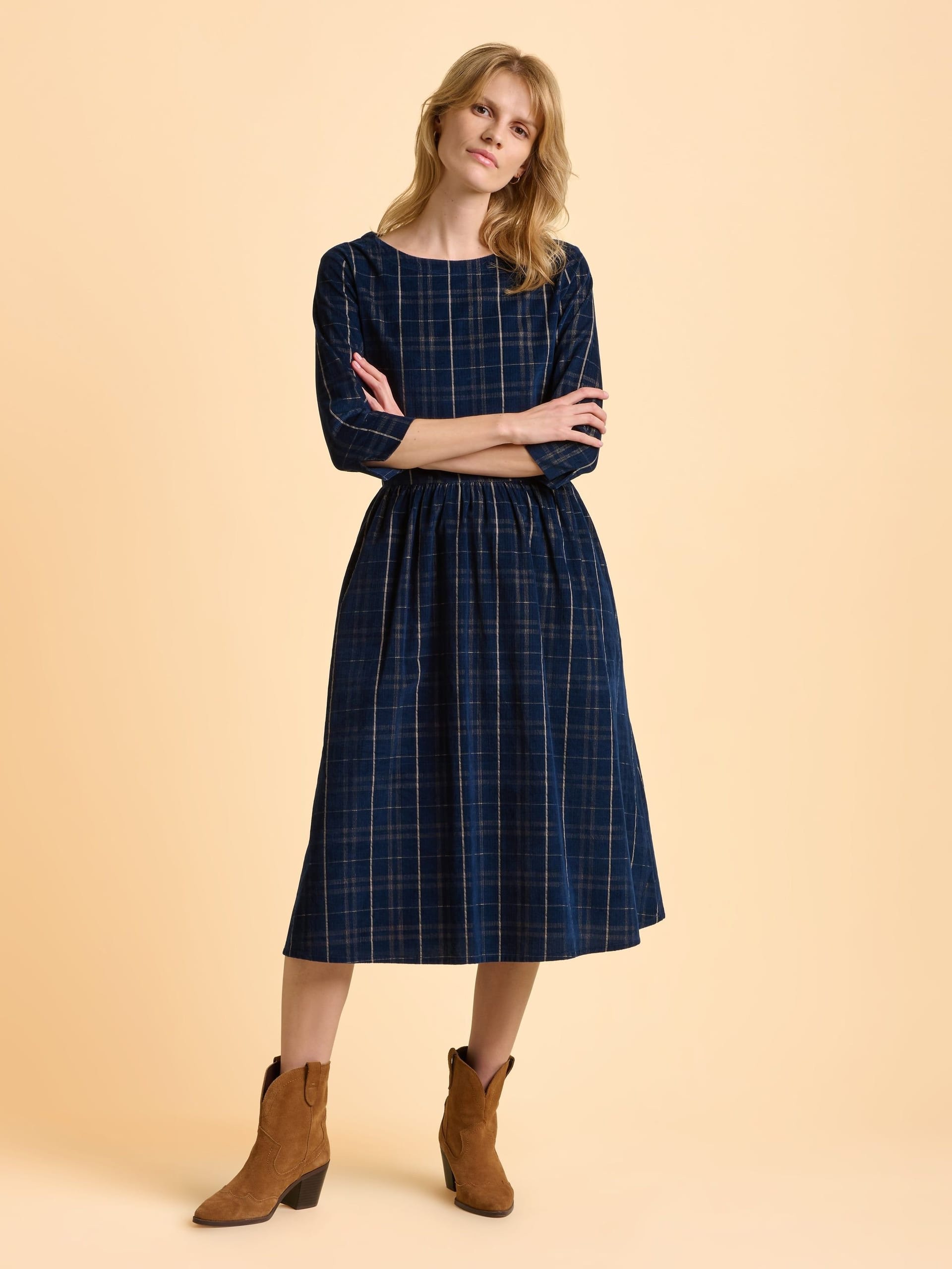 Brakeburn Blue Plaid Corduroy Midi Dress