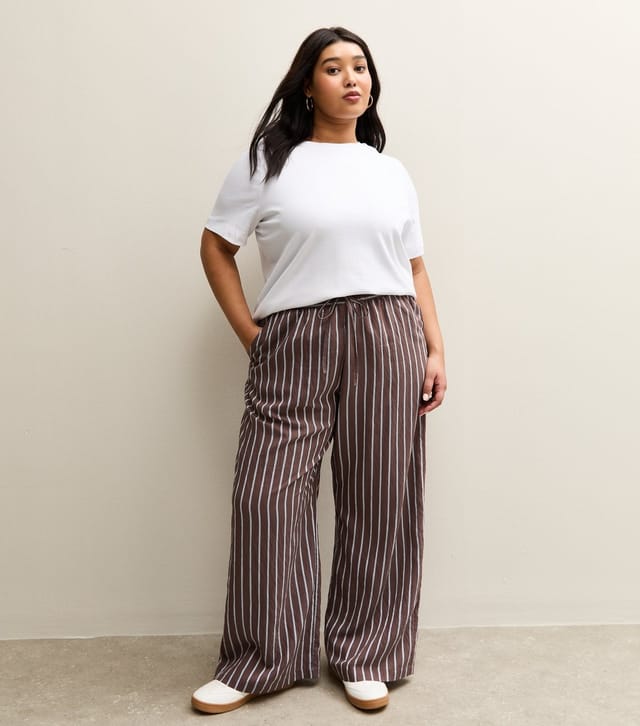 New Look Women's Plus Size Brown Striped Drawstring Wide Leg Trousers Curves New Look - 2