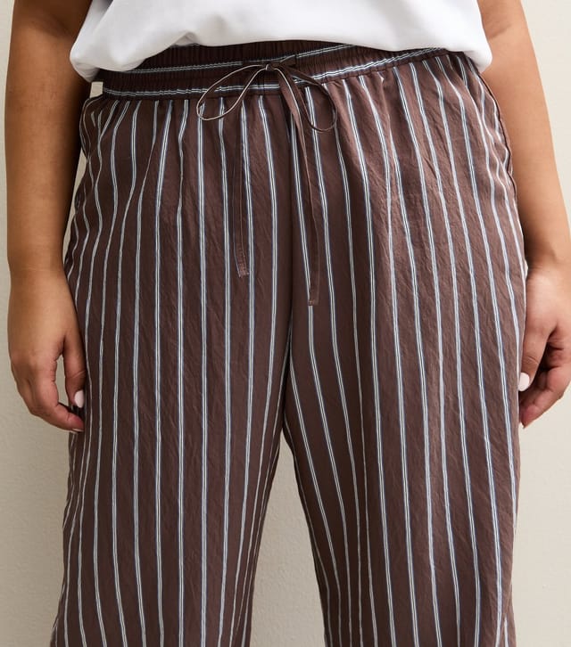 New Look Women's Plus Size Brown Striped Drawstring Wide Leg Trousers Curves New Look - 3